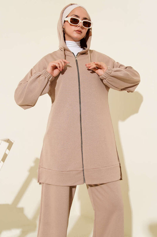 Hooded Zippered Two-Piece Suit Latte