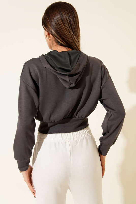 Gilet court à capuche zippé, gris foncé