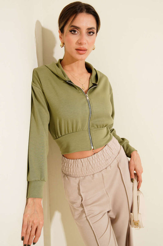 Gilet court à capuche zippé, kaki