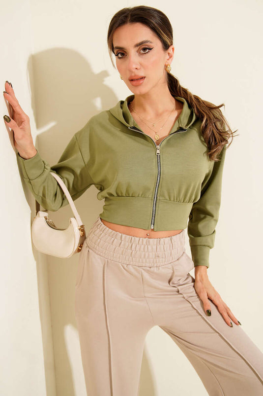 Gilet court à capuche zippé, kaki