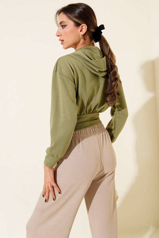 Gilet court à capuche zippé, kaki