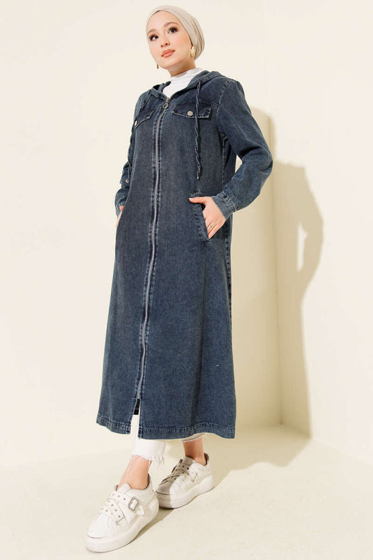 Hooded Zip-Up Long Cardigan Denim