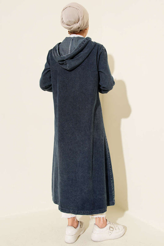 Hooded Zip-Up Long Cardigan Denim