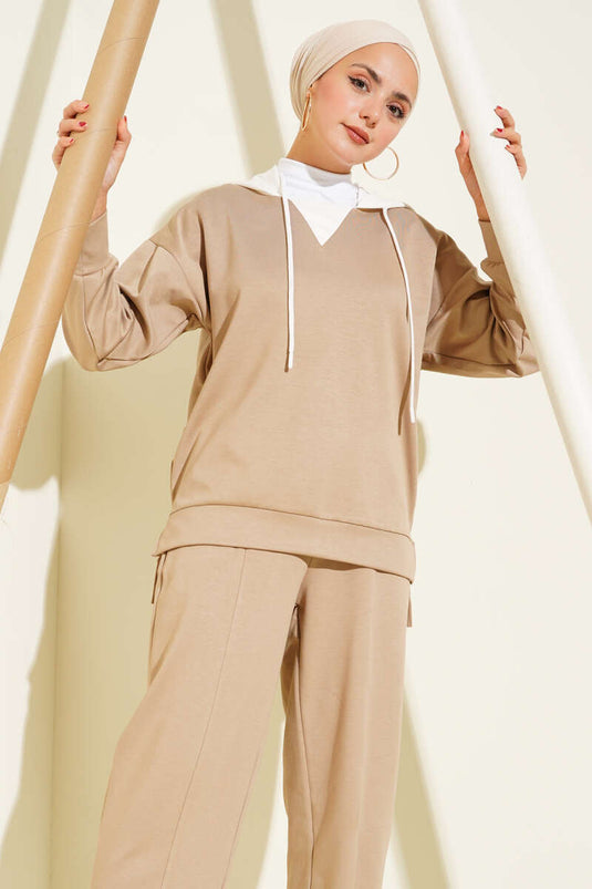 Beige Hooded Garnished Two-Piece Set