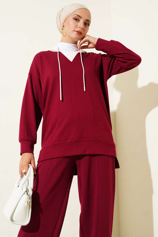 Hooded Embellished Two-Piece Set Burgundy