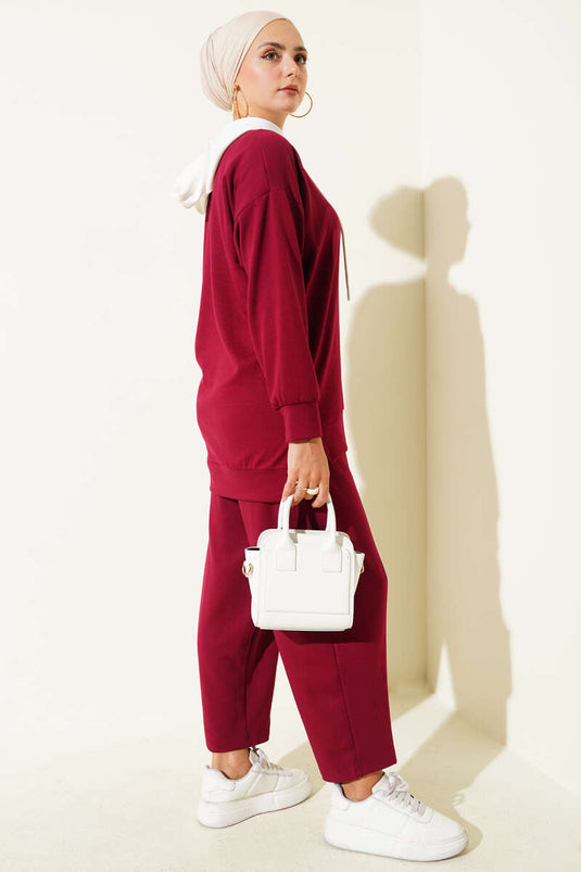 Hooded Embellished Two-Piece Set Burgundy