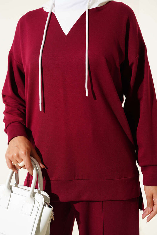 Hooded Embellished Two-Piece Set Burgundy