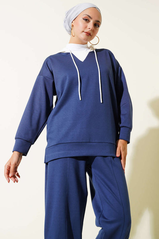 Hooded Embellished Two-Piece Set Navy Blue