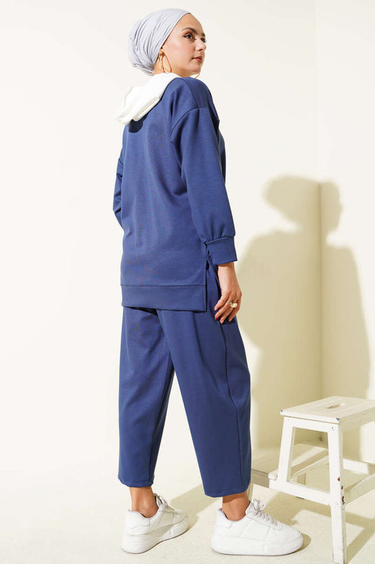 Hooded Embellished Two-Piece Set Navy Blue