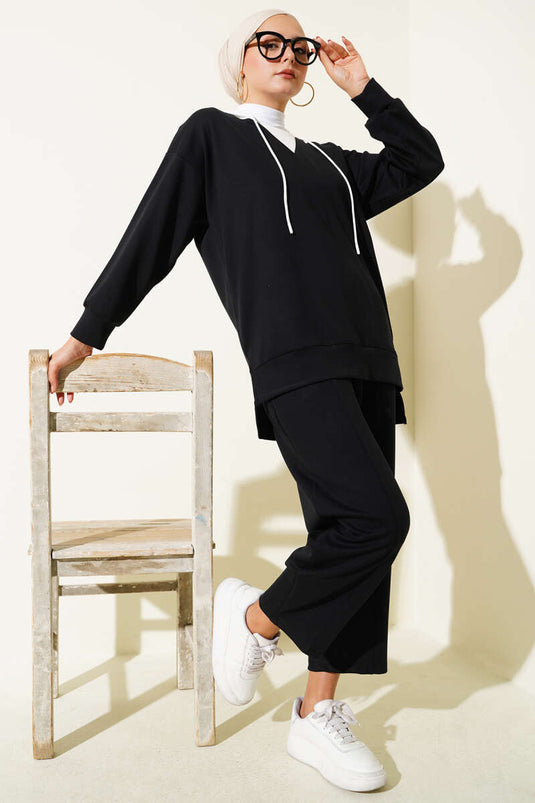 Black Hooded Embellished Two-Piece Set