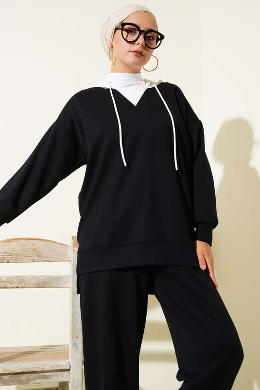 Black Hooded Embellished Two-Piece Set