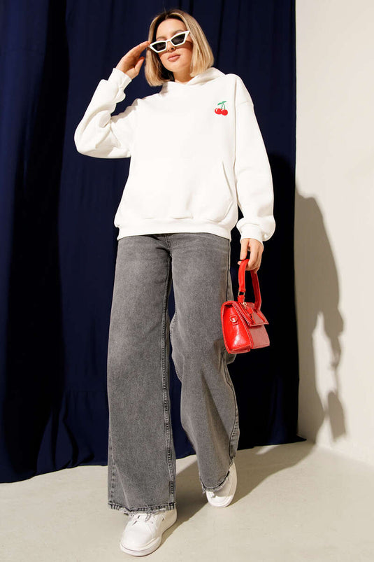 Hooded Cherry Print Sweatshirt White