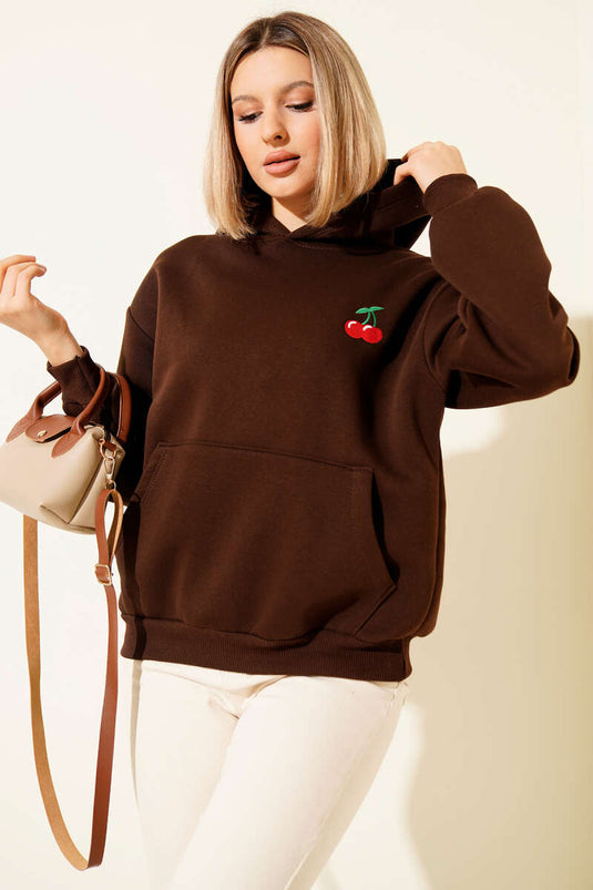 Hooded Cherry Print Sweatshirt in Coffee