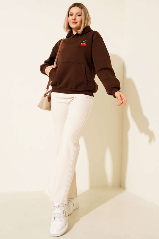 Hooded Cherry Print Sweatshirt in Coffee
