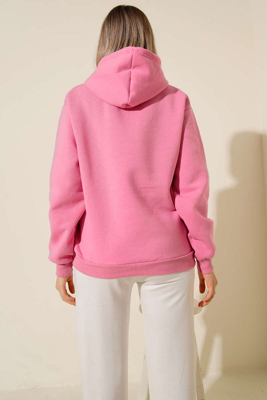 Kapşonlu Kiraz Baskılı Sweatshirt Pembe