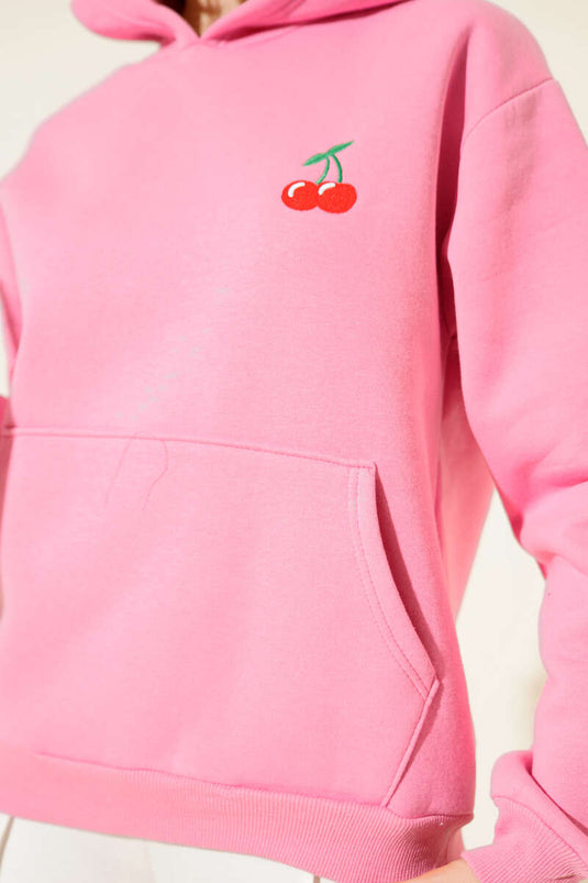 Hooded Cherry Print Sweatshirt Pink