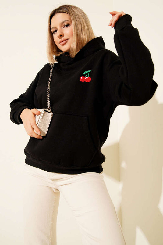Hoodie met kersenprint, zwart