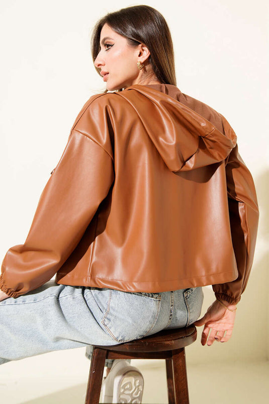 Kapşonlu Kısa Deri Ceket Taba