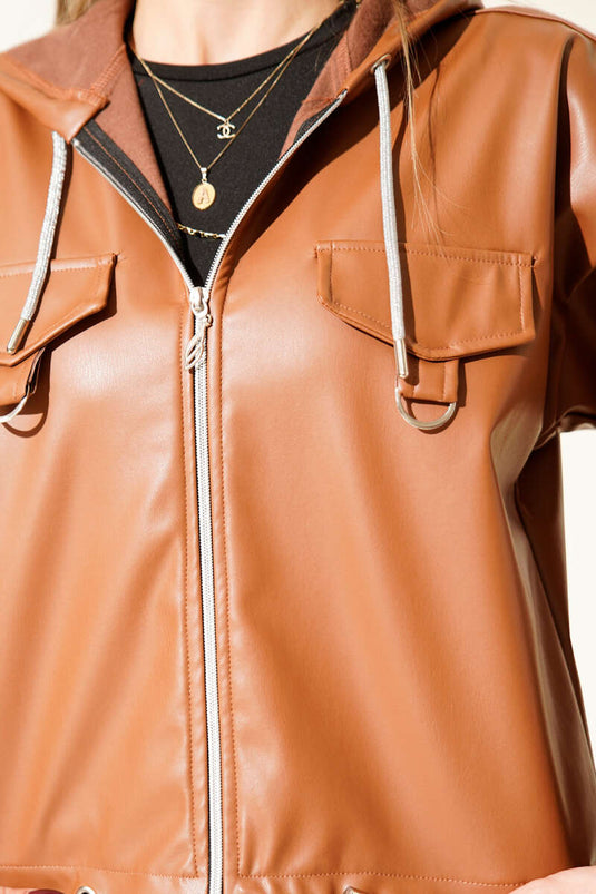 Kapşonlu Kısa Deri Ceket Taba