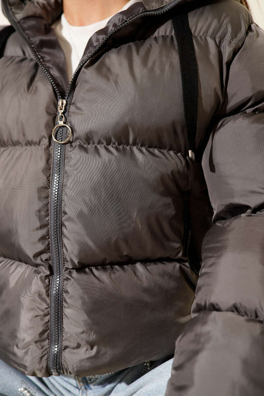 Korte gewatteerde jas met capuchon, rookgrijs