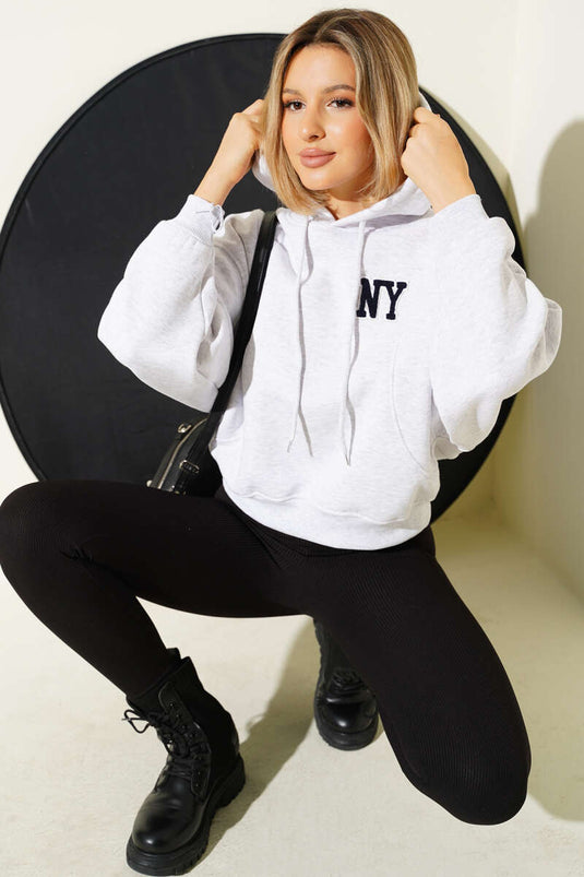 Kapşonlu Ny Baskılı Sweatshirt Melanj Gri