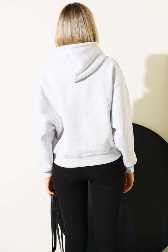 Kapşonlu Ny Baskılı Sweatshirt Melanj Gri