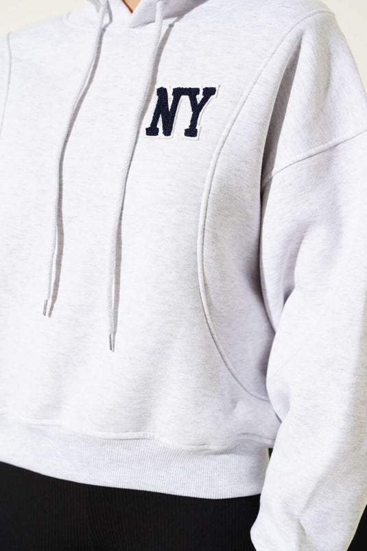 Kapşonlu Ny Baskılı Sweatshirt Melanj Gri
