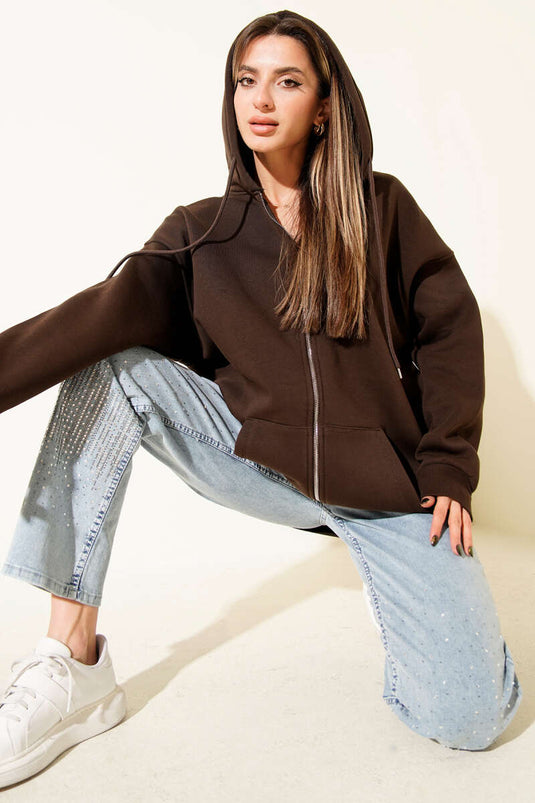 Kapşonlu Üç İpli Fermuarlı Hırka Kahve