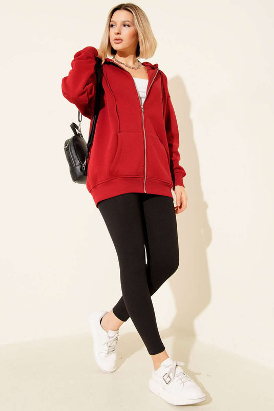 كارديجان أحمر بثلاثة أدراج وغطاء رأس وسحاب