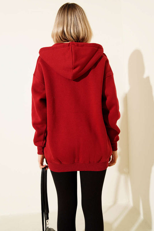 كارديجان أحمر بثلاثة أدراج وغطاء رأس وسحاب