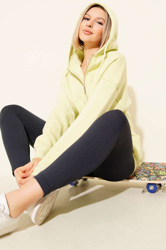 Hooded Three-Drawer Zip Cardigan in Lime