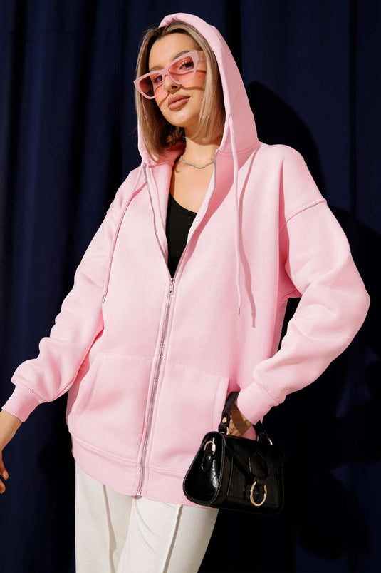 Pink Hooded Three-Drawer Zip Cardigan