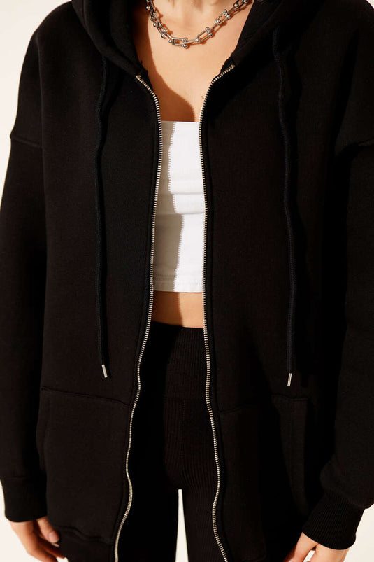 Capuchonvest met drie lades en ritssluiting, zwart