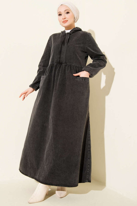 Robe en jean gris fumé à demi-fermeture éclair avec capuche