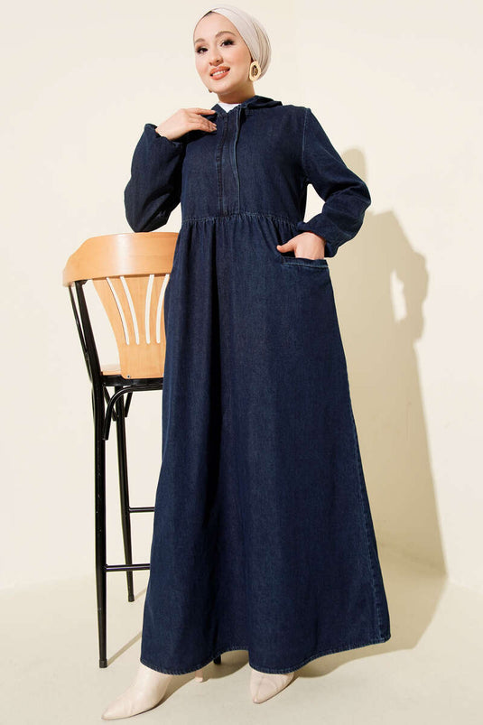 فستان جينز أزرق كحلي بنصف سحاب مع قبعة