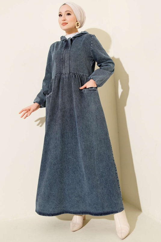 Robe en jean bleue à demi-fermeture éclair avec capuche