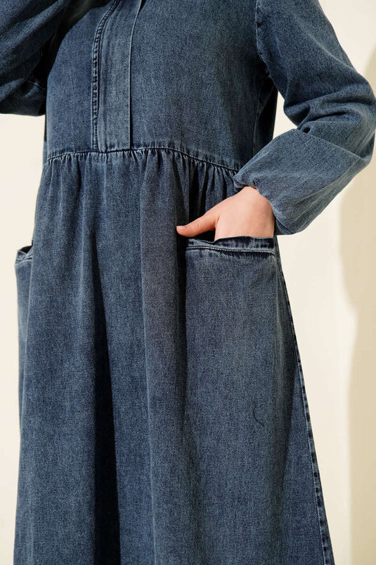 Robe en jean bleue à demi-fermeture éclair avec capuche