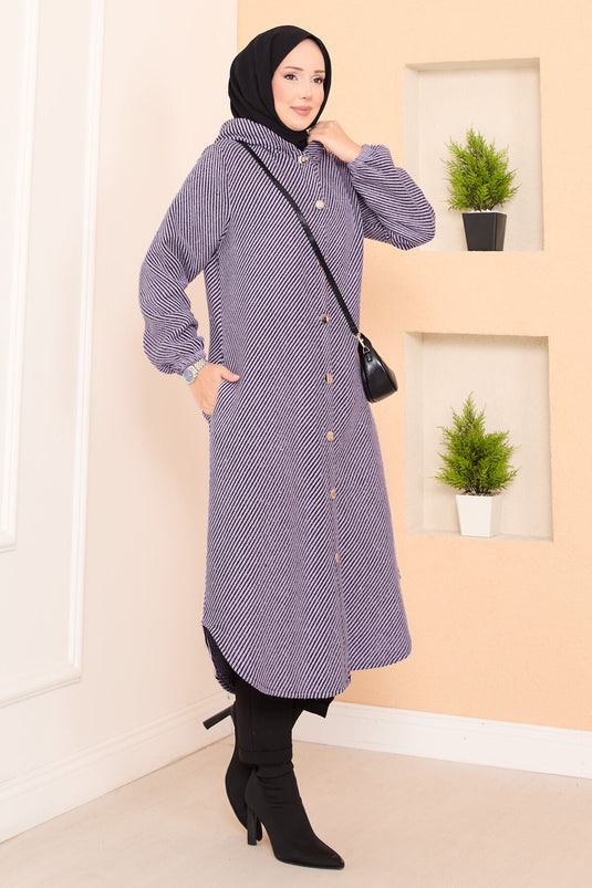 Manteau en cachemire hijab à chevrons et capuche détaillée Lilas