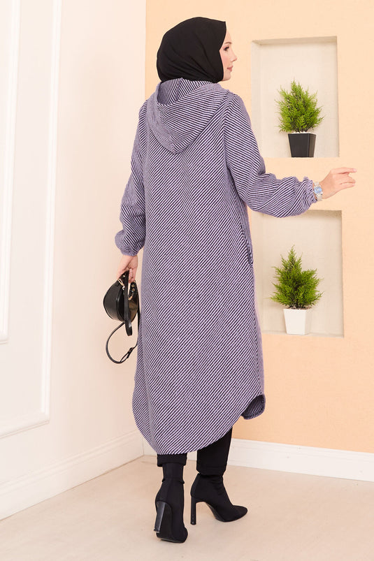 Manteau en cachemire hijab à chevrons et capuche détaillée Lilas