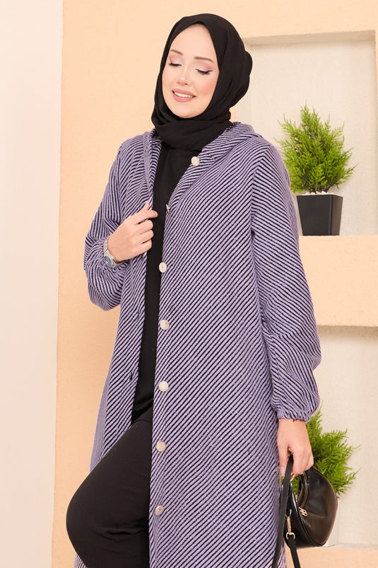 Manteau en cachemire hijab à chevrons et capuche détaillée Lilas