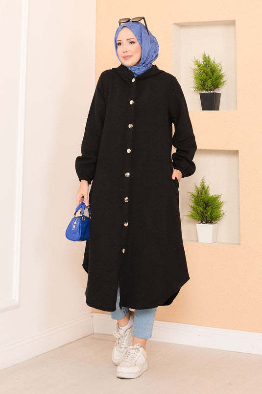 Manteau en cachemire hijab à chevrons et capuche détaillée noir