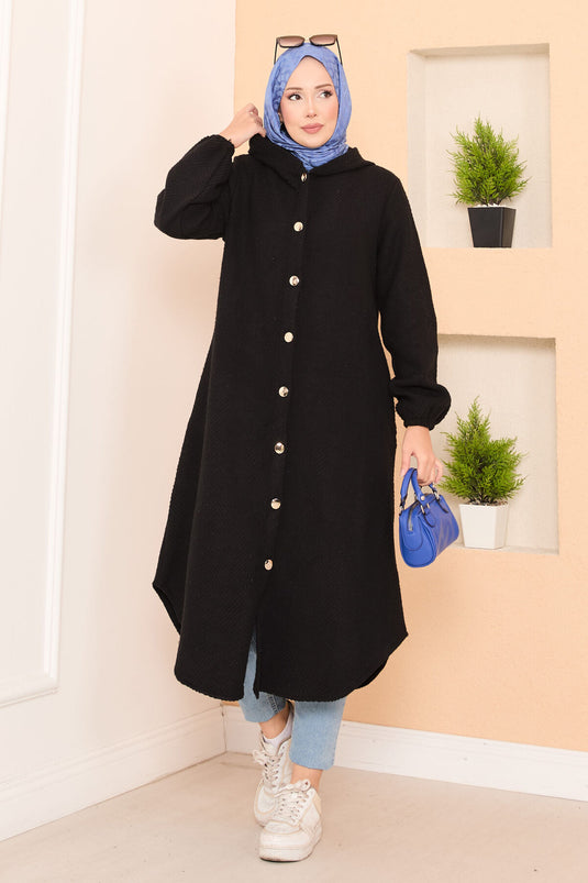 Kapüşon Detaylı Balıksırtı Tesettür Kaşe Kap Siyah