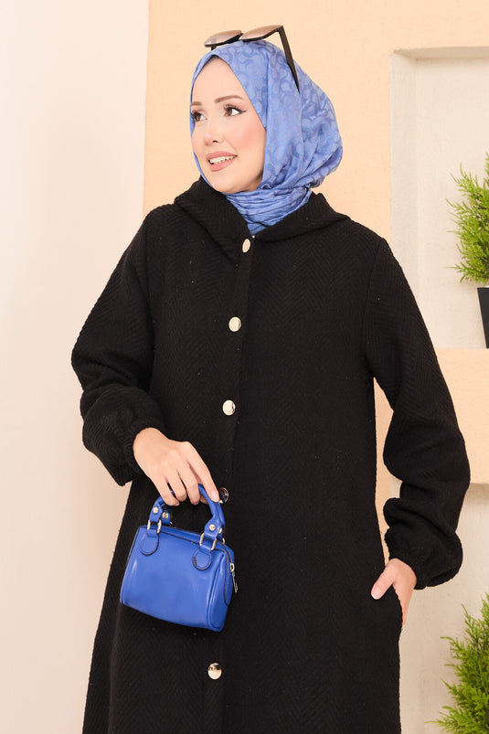 Manteau en cachemire hijab à chevrons et capuche détaillée noir