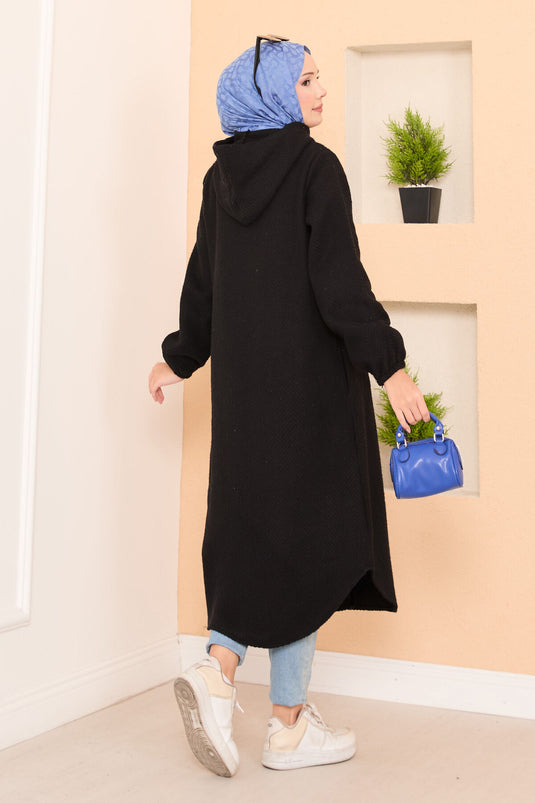 Kapüşon Detaylı Balıksırtı Tesettür Kaşe Kap Siyah
