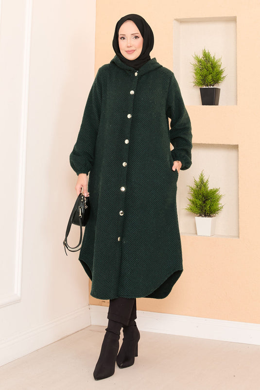 Manteau en cachemire hijab à chevrons avec capuche détaillée Émeraude