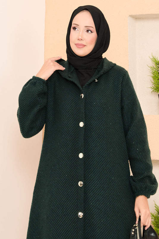 Hood Detailed Herringbone Hijab Cashmere Coat Emerald