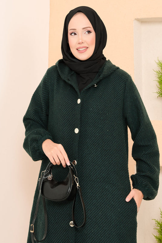 Manteau en cachemire hijab à chevrons avec capuche détaillée Émeraude