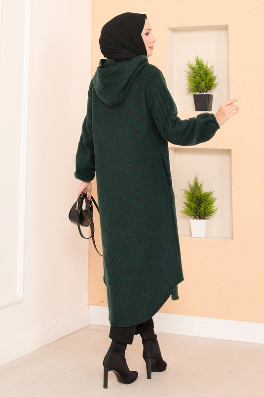 Hood Detailed Herringbone Hijab Cashmere Coat Emerald