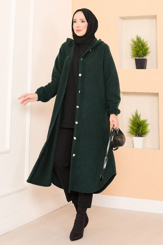 Hood Detailed Herringbone Hijab Cashmere Coat Emerald
