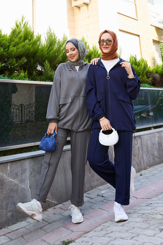 بدلة أويشو من قطعتين بغطاء رأس وسحاب، أزرق داكن